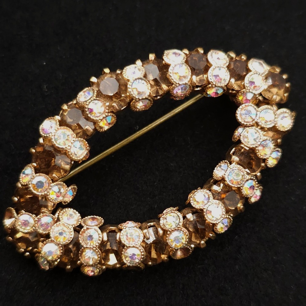 Vintage Rhinestone Oval Wreath Brooch Brown AB Gold Tone 2" Pin Sparkle Glam